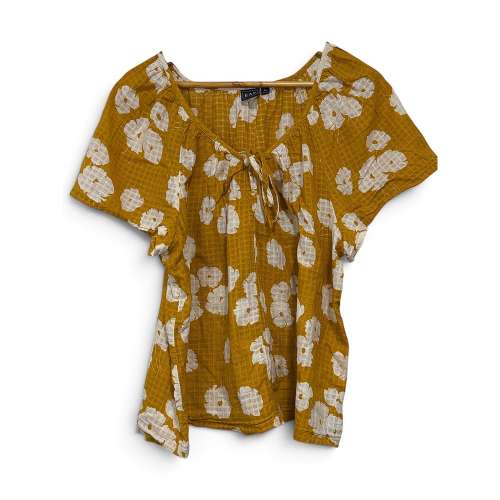 GAP Mustard Yellow Floral Grid Tie Neck Relaxed Cotton Blouse XL